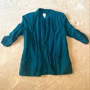 Lauren Conrad fashion dark teal blazer with cropped sleeves & padded shoulders